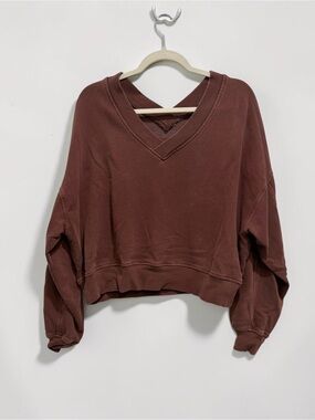 Aerie Brown Oversized V-Neck Cropped Sweatshirt Size Small